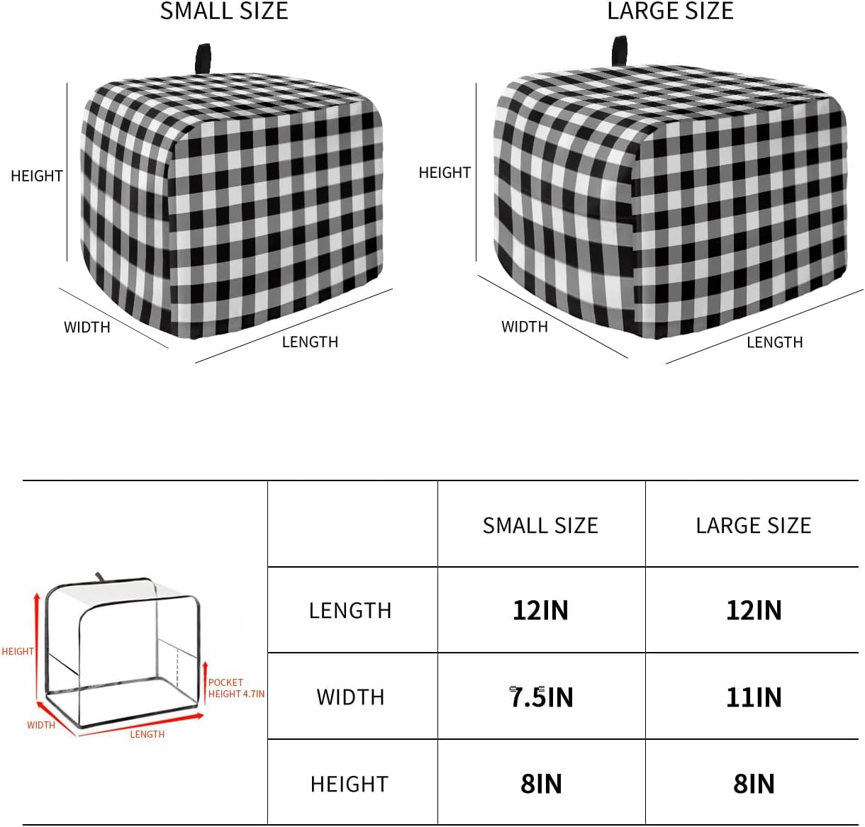 Black and White Checkered Toaster Cover 2 Slice, Farmhouse Buffalo Plaid Kitchen Appliance Dust Cover with Loop