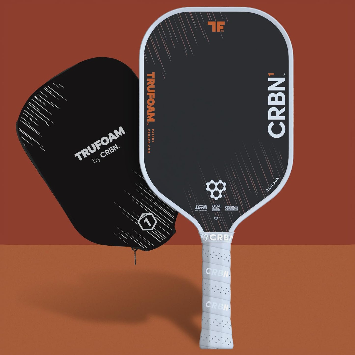 CRBN Pickleball - TruFoam Barrage 1 Pickleball Paddle - Elongated w/Long Handle - Carbon Fiber Pickleball Paddle - 100% Foam Floating Core Designed for Maximum Power, 14mm