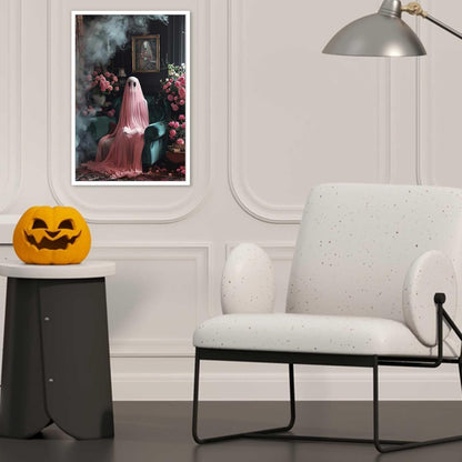 ADRHGCY Retro Pink Ghost Posters, Cute Horror Scary Wall Art, Ghost Figure Sitting on Weeds, 12x16in Unframed