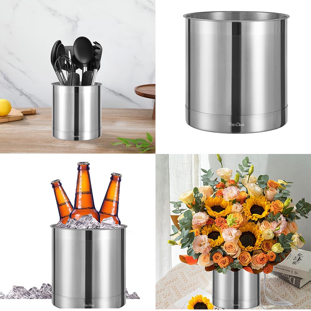 KSENDALO Stainless Steel Utensil Holder 7x7inch Large Utensil Holder for Countertop, Round Utensil Caddy for Spoons, Silverware, and Spatulas for Kitchen, Silver