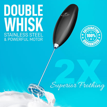 Zulay Kitchen Handheld Powerful Double Whisk Milk Frother - Foam Maker with Stand for Coffee, Latte, Matcha, Frappe,
