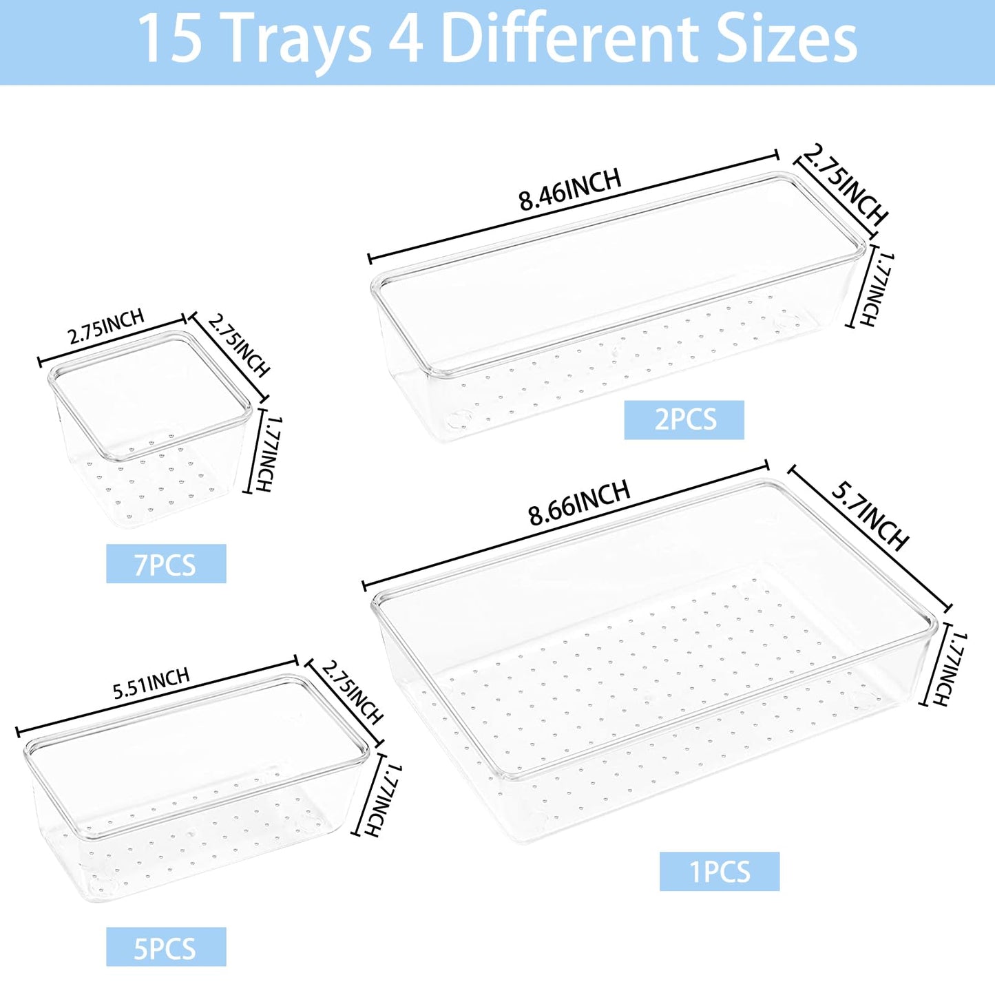 Manalete Drawer Organizers Set of 15, 4 Sizes Clear Plastic Drawer Organizers and Storage Bins for Kitchen, Bathroom, Office, Dresser Desk Drawer Organizer Tray for Jewelry, Makeup, Junk, Gadgets