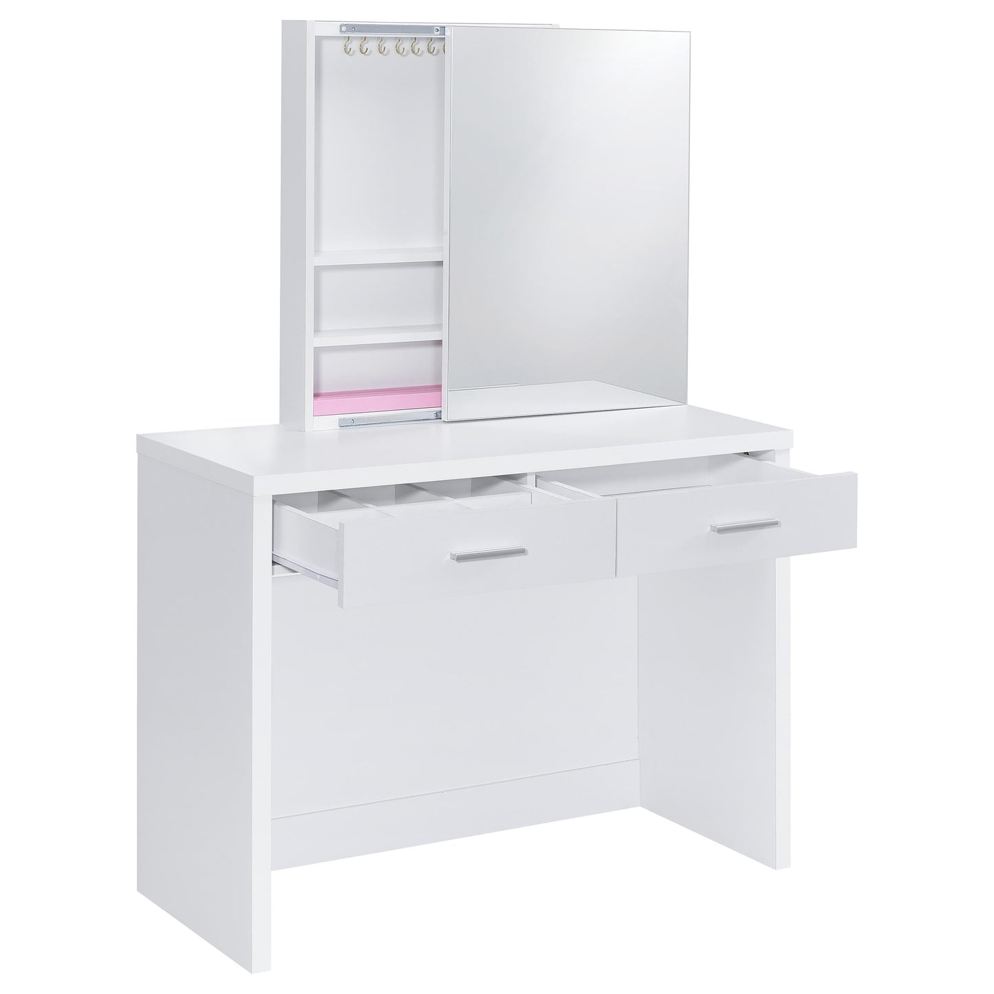 Coaster Home Furnishings - Bunbury - Wood - Makeup Vanity Table Set with Rectangular Storage Mirror, Dual Drawers, and Upholstery Stool - Bedroom - White - 930280