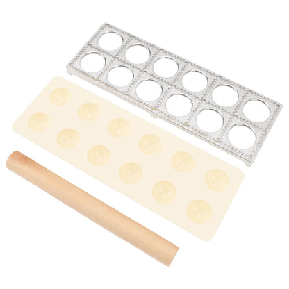 WAHEWUD Ravioli Cutter Aluminum Alloy 12 Cavity Ravioli Mold Set with Solid Wood Rolling Pin Consistent Shape Design Empanada Maker Press for Home Kitchens Tortellini Dough Types
