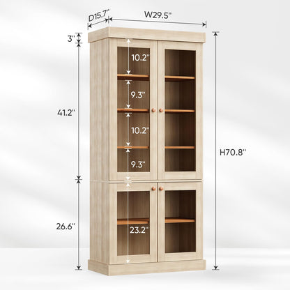 Vyre 70.8" Tall Brown Bookshelf with Glass Doors, Farmhouse Modular Bookcase with 6-Tier Adjustable Shelves, Large Storage Cabinet for Living Room and Home Office