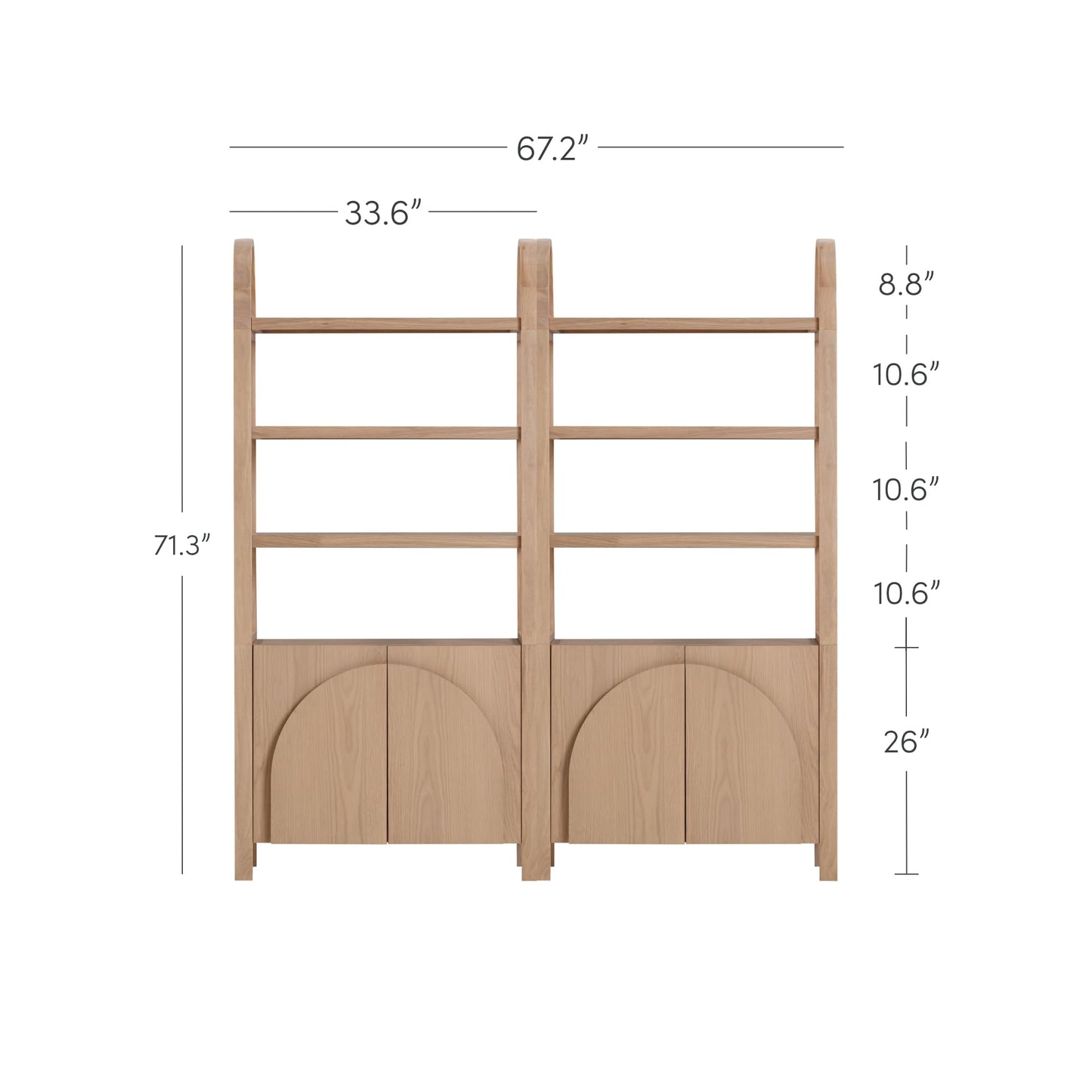 Nathan James Iris 3 Tier Bookshelf, Arched Bookcase Cabinet, Solid Wood Bookcase with Cabinet Base, Boho Bookshelf in Raw Oak Finish, Set of 2