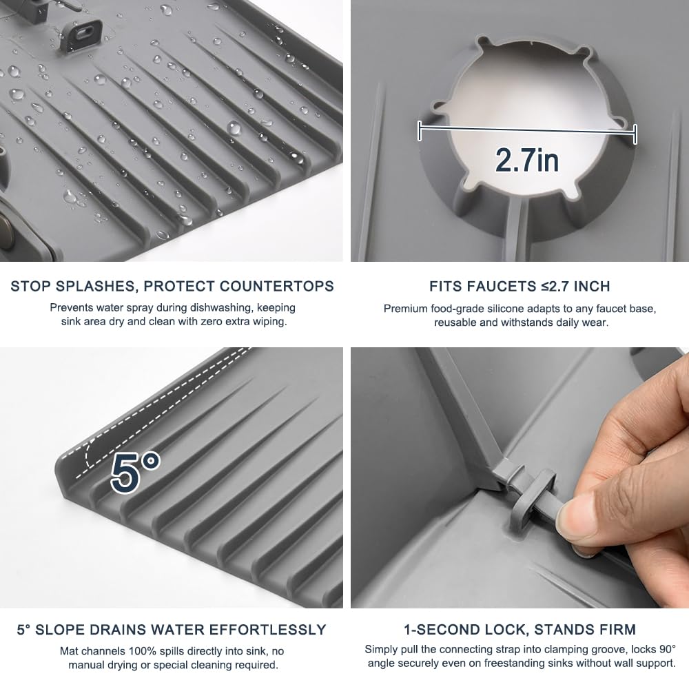 Silicone Faucet Drip Catcher Tray Mat - Upgraded Design - Sink Backsplash Guard Behind Faucet, Silicone Faucet Mat for Dish Soap Sponge Holder, Kitchen Counter Bathroom Kitchen Sink Splash Guard -Grey