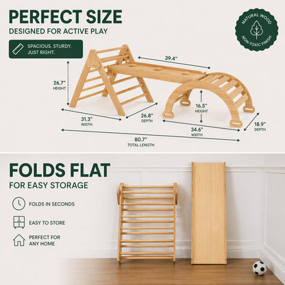Avenlur Hazel 5-in-1 Indoor Climbing Gym - Waldorf and Montessori Climbing Set with Triangle Ladder, Climbing Ramp, Arch Climber, Rocker, and Slide - Montessori Toys for Children 18mo to 7yr (Natural)