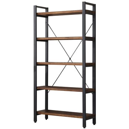 WH-AOERPUMY 5 Tier Bookcase, Solid Wood Bookshelf Rustic Vintage Industrial Etagere Bookcase, Metal and Wood Free Vintage Bookshelf, Retro Brown (5-Tiers)
