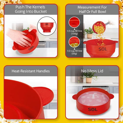 SOL Heat-Resistant Cooking Utensil Set, Microwave Silicone Popcorn Maker with Lid, BPA Free, Collapsible Bowl (Red)