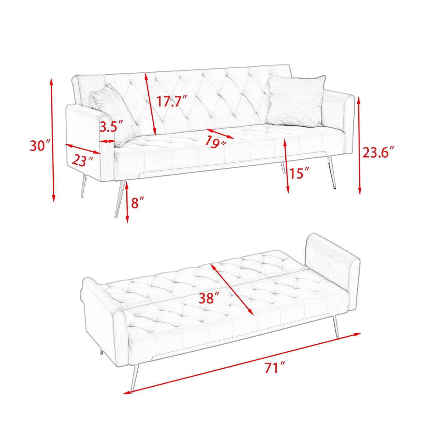 ERYE 71-Inch Soft Velvet Futon Sofa Bed Upholstered Tufted Futon Daybed W/Golden Leg & 2 Pillows,Modern Loveseat Couch Convertible Sleeper Sofabed for Home Apartment Office