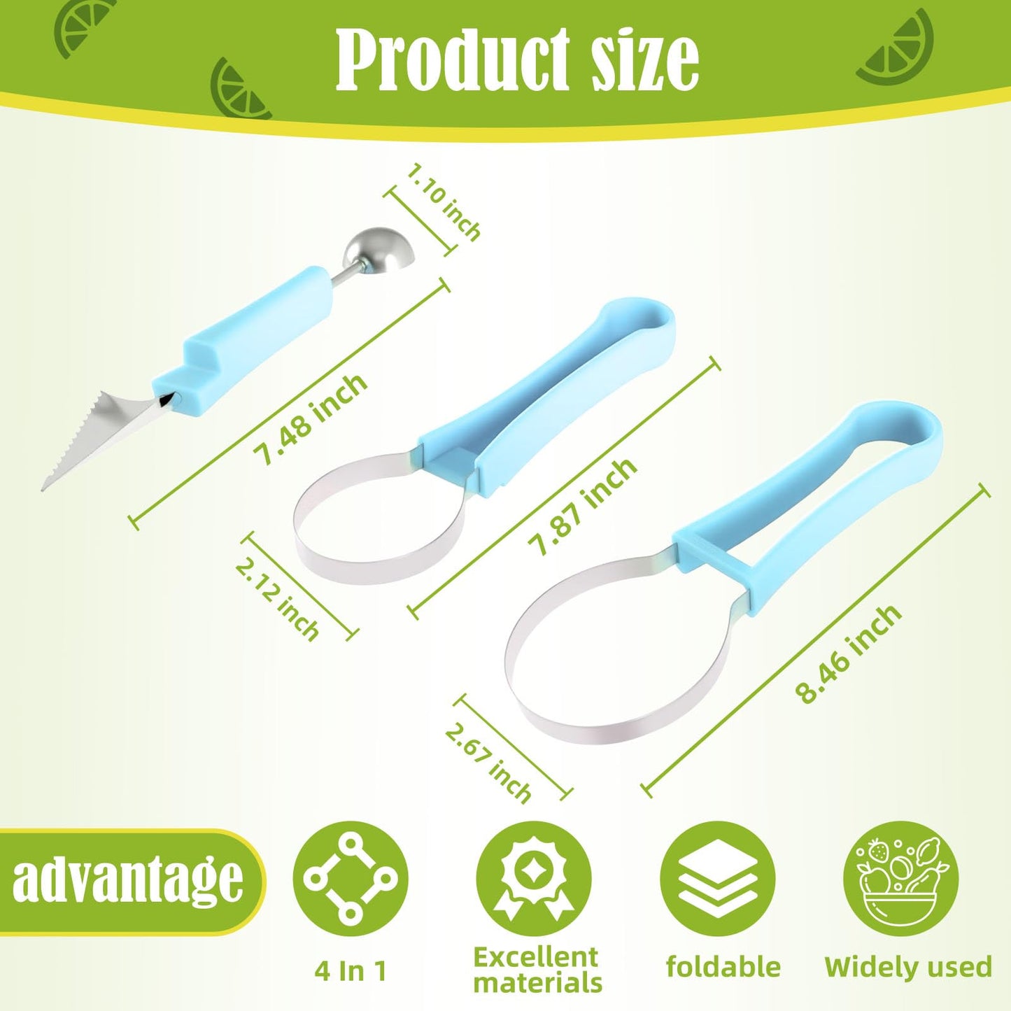 Suuker Melon Baller Scoop Set,Professional 4 In 1 Stainless Steel Fruit Carving Tools Knife Kit, Watermelon Knife for Ice Cream Melon,Dig Pulp Separator Fruit Slicer (Blue)
