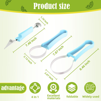 Suuker Melon Baller Scoop Set,Professional 4 In 1 Stainless Steel Fruit Carving Tools Knife Kit, Watermelon Knife for Ice Cream Melon,Dig Pulp Separator Fruit Slicer (Blue)