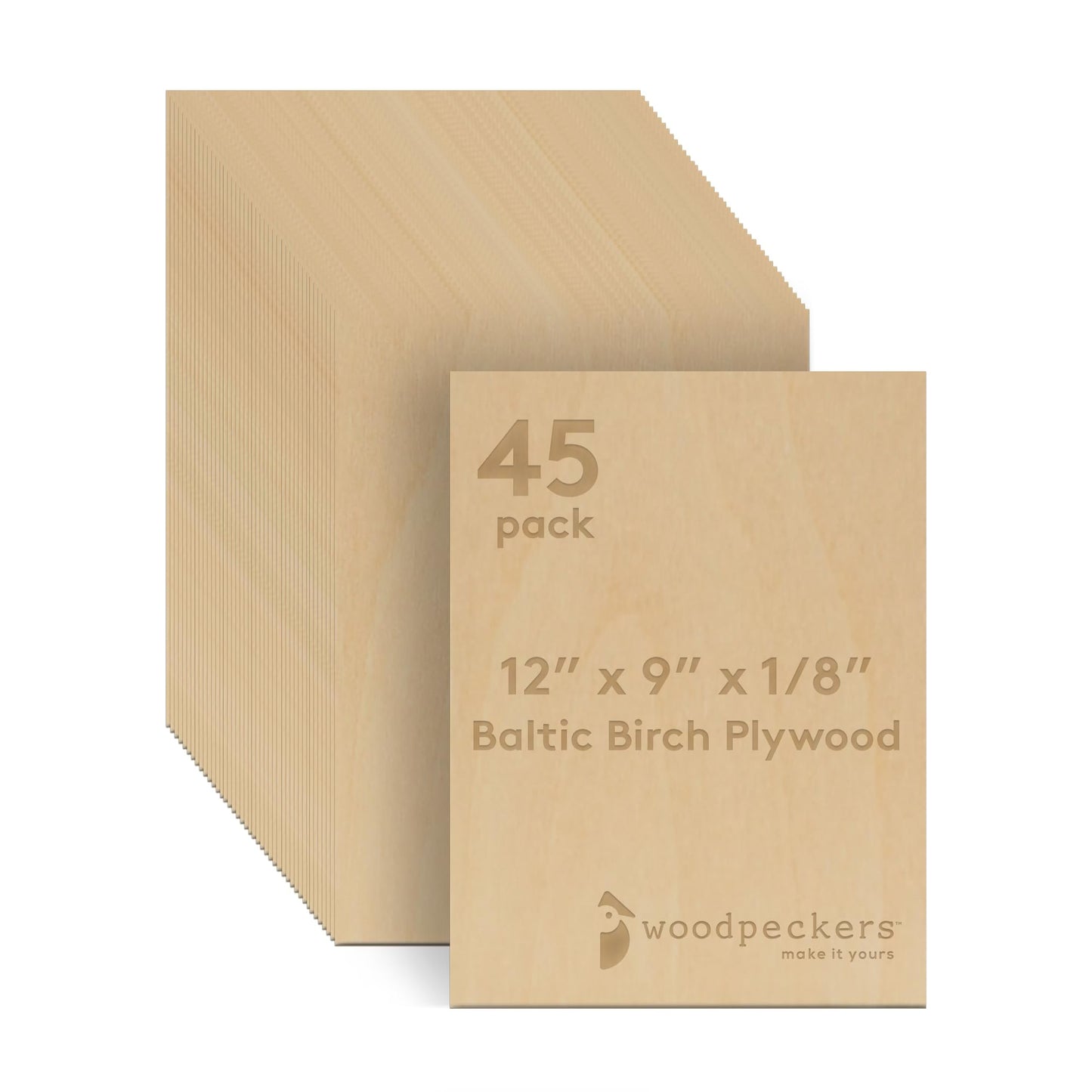 3 mm Baltic Birch Plywood 1/8 x 9 x 12 Inch, Box of 45 B/BB Grade Craft Wood, Stronger Than Basswood Sheets, for Laser, CNC Cutting and Wood Burning, by Woodpeckers