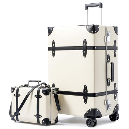 universal trotter Vintage PU Leather Luggage Set, Retro Trunk Suitcase with Wide Aluminum Frame, TSA Key Locks and Smooth 360° Spinner Wheels (Ivory Signature,26"+12")