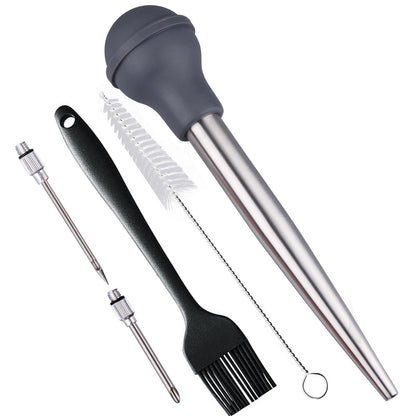 Smithcraft Turkey Baster, Baster Syringe Meat Injector Baster Set with 2 Needles&2 Cleaning Basting Brush, 18/8 Stainless Steel Turkey Baster for Flavor Meat Poultry, Beef & Chicken Cooking Grey