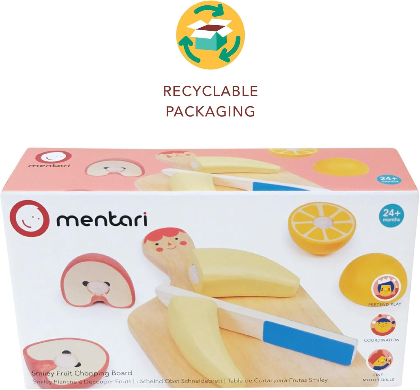 Smiley Fruit Chopping Board Toy Set - 8pc Wood Chopping Board with Play Knife & Choppable Fruits for Toddlers Age 2+