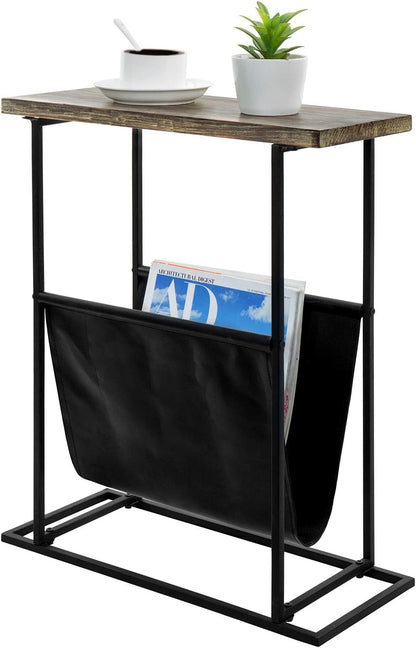21 Inch MyGift Narrow Side Table for Small Spaces, Tall Slim End Table with Magazine Holder Sling, Wooden Narrow