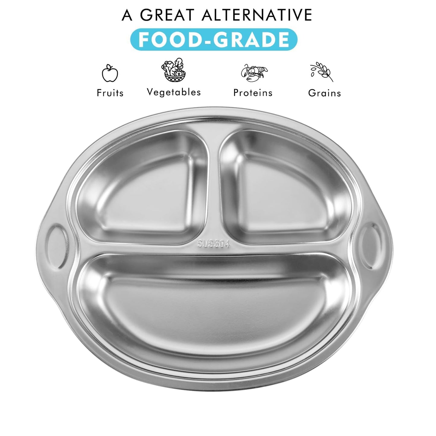 Mrs. Chou® BPA-Free 100% Food-Grade Stainless Steel Baby Plates with Suction Divided Designed for Babies and Toddlers, Ideal for Kids Infant Baby-Led Weaning Toddler Feeding Supplies Dishwasher Safe