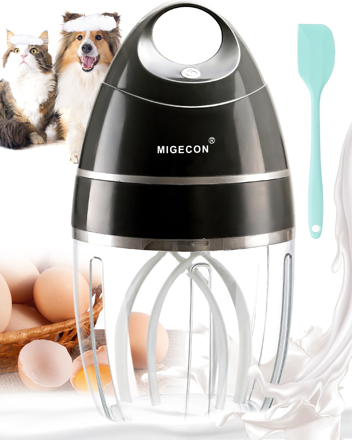 MIGECON Stand Mixer, Small Kitchen Electric Food Mixer, Portable Milk Frother, Rechargeable Household Mixer Beater for Shampoo and Pet Foam Whipper, One-Click Operation, Dark Gery