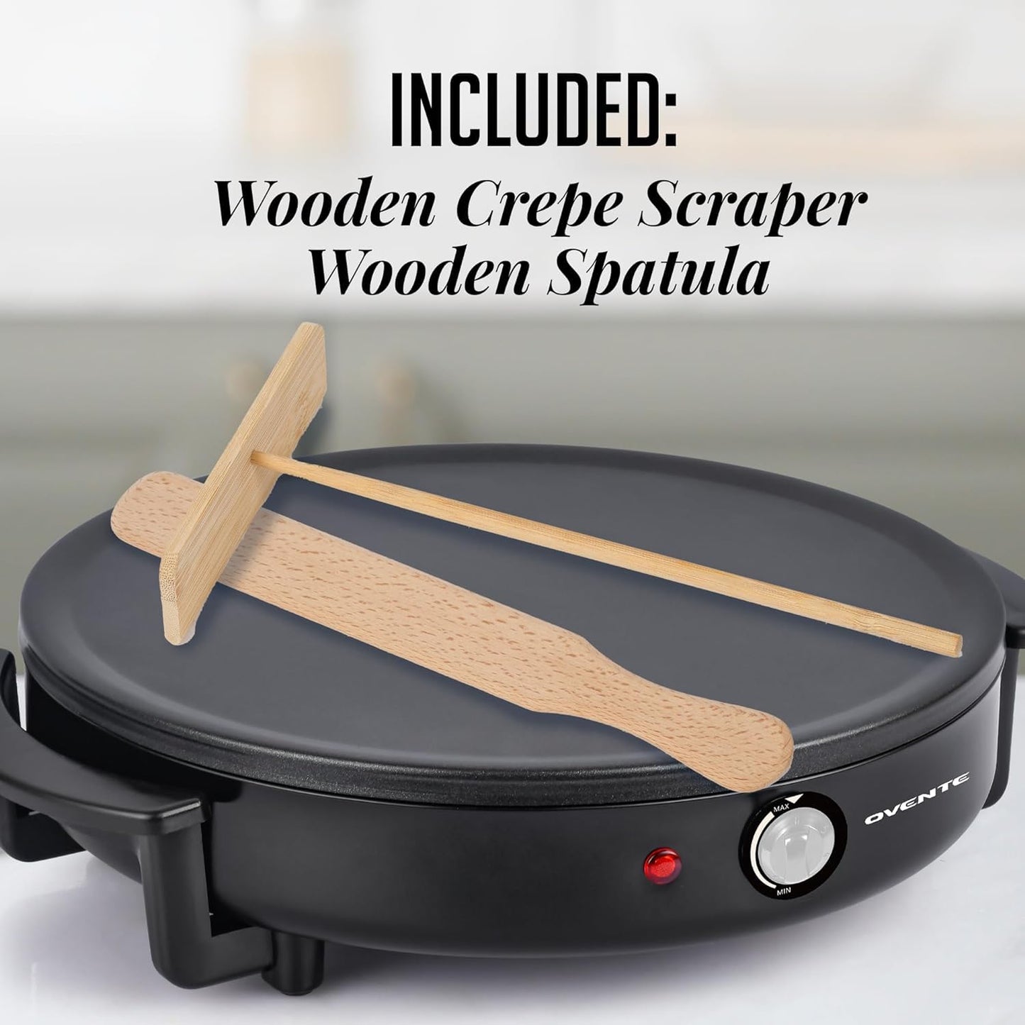 OVENTE 12-Inch Electric Crepe Maker & Griddle – Nonstick Hot Plate with Adjustable Temperature, LED Indicator, Batter Spreader & Spatula, Black CRM1122B
