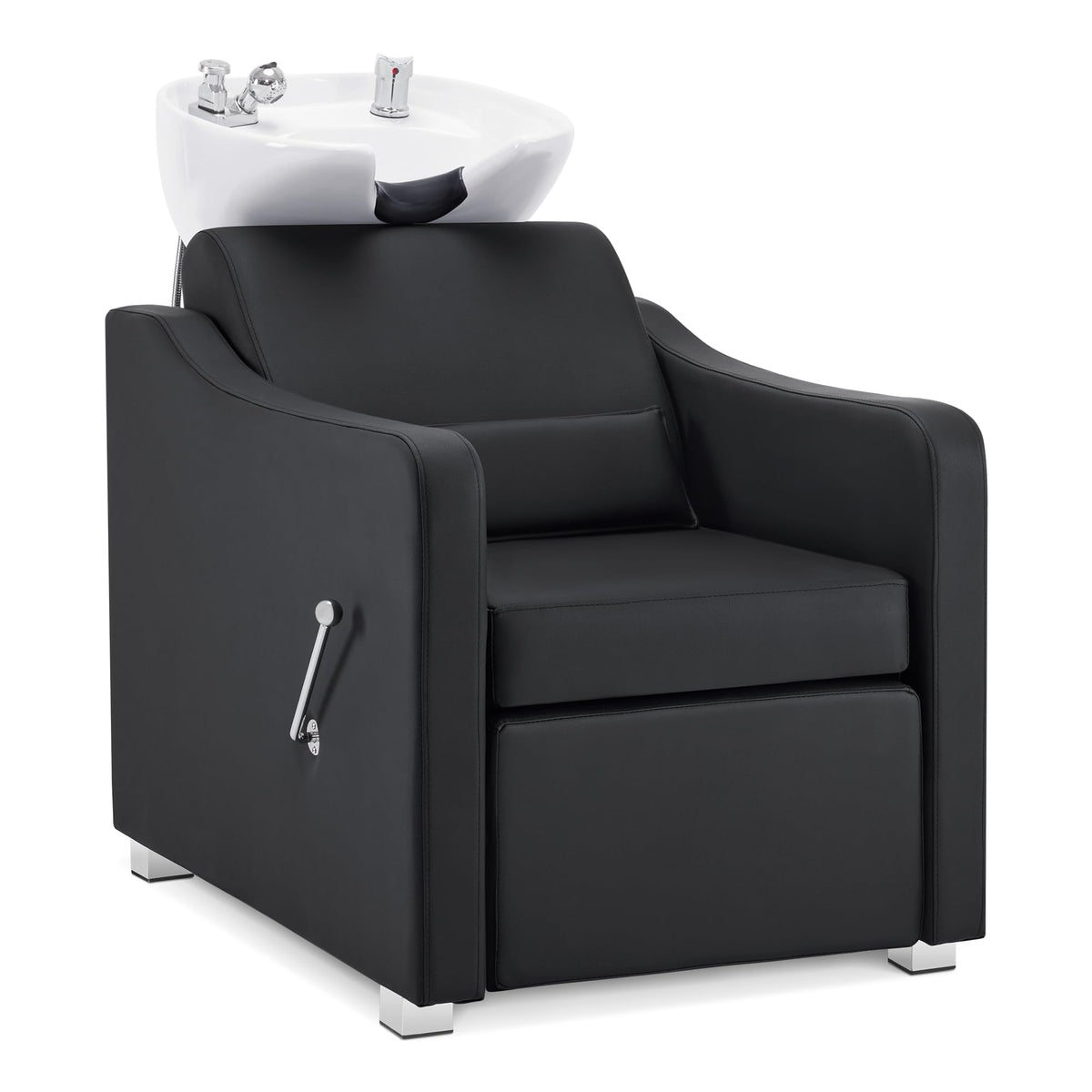 BarberPub Backwash Shampoo Station Chair, Adjustable Porcelain Ceramic Hair Wash Bowl with Chair, Shampoo Station for Barber Shop, Spa Beauty Salon Equipment 9364 (Black)