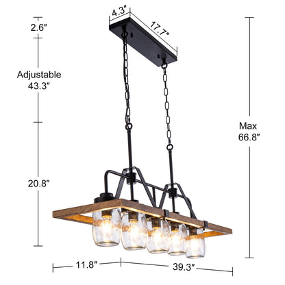 Wellmet Kitchen Island Chandelier, Mason Jar Pendant Light Dining Room, 5-Light Wooden Paint Pendant Light for Living Room, Dining Table, Kitchen, Hallway, Restaurant, 39.3''W