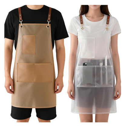 FunFlare 2 Pack Waterproof Translucent Apron with Large Pockets,Cross Back Apron Cooking Apron for Dishwashing, Cleaning Fish, Gardening, Lab Work, Butcher and Dog Grooming(White&Brown)