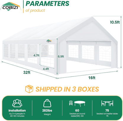 COBIZI 16x32FT Party Tent Heavy Duty White Event Shelter Outdoor Wedding Gazebo Canopy for Parties Carport BBQ Commercial with Removable Sidewall Windows, Powder Coating (Better Than Galvanized)