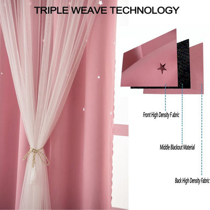 LUGOTAL Pink Curtains for Girls Bedroom Kids Baby Room Decor Cute Double Layer Star Cutout Curtains Room Darkening Window Curtain for Nursery (Pink, 42W x 84L,2 Panels)