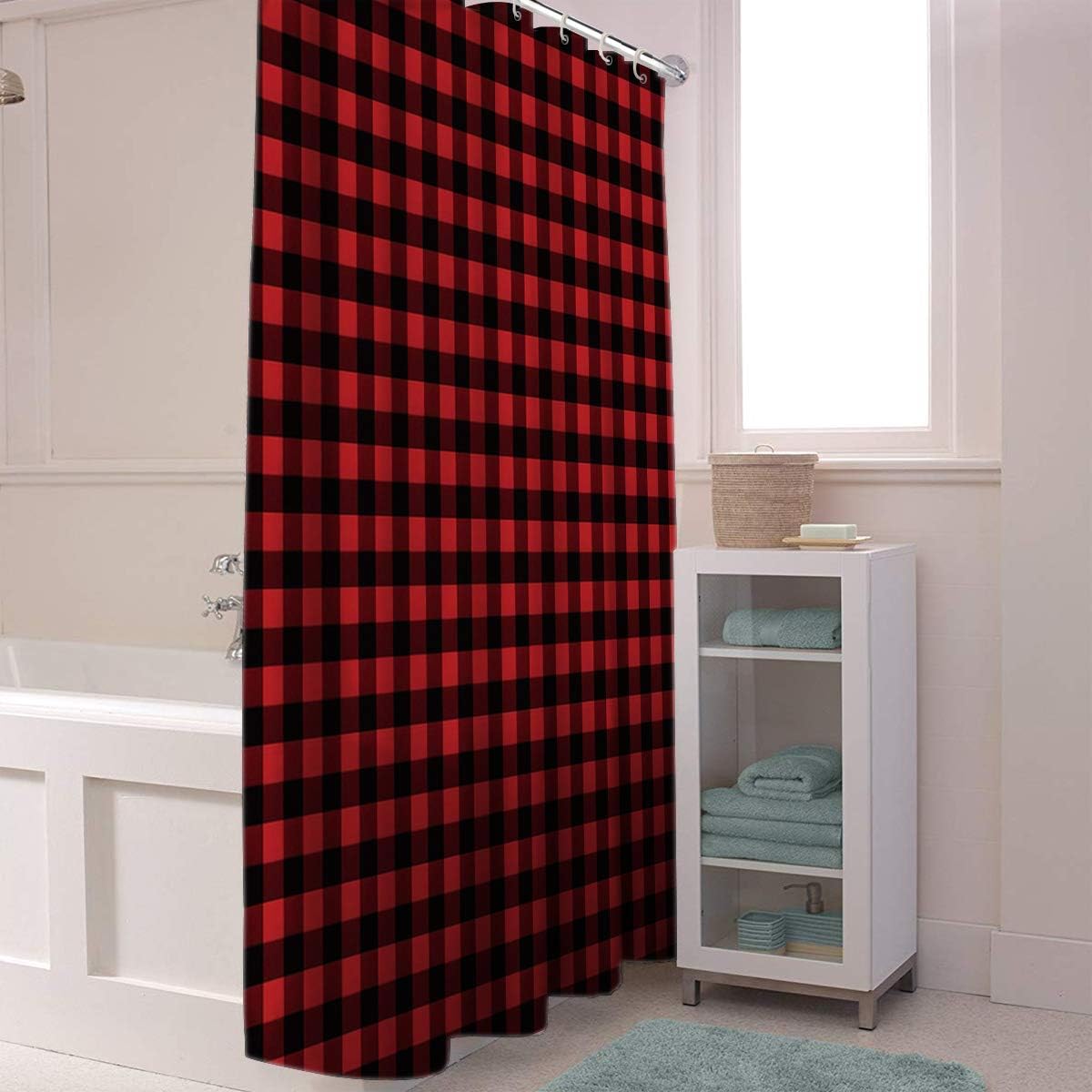 Vandarllin Fabric Shower Curtain, 48X72 Inch, Waterproof Washable Rustic Red Black Buffalo Check