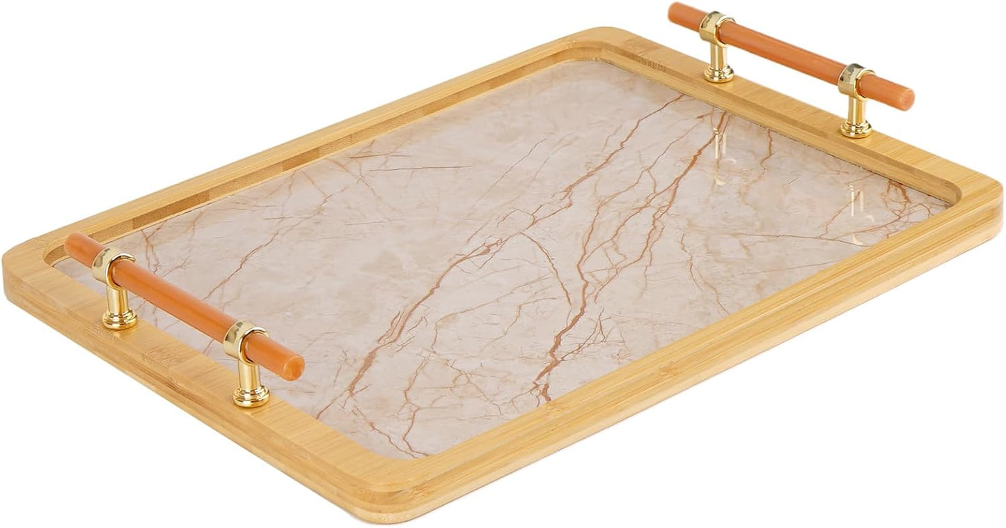 16" 12" JUPELI x Bamboo Serving Tray with Handles Marble Pattern Decorative Rectangle Tray for Coffee Table, Kitchen