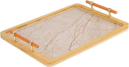 16" 12" JUPELI x Bamboo Serving Tray with Handles Marble Pattern Decorative Rectangle Tray for Coffee Table, Kitchen