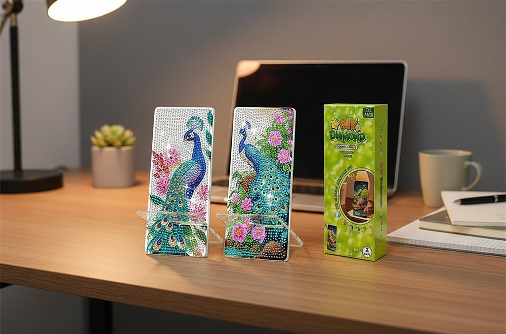 NIHO-JIUMA Diamond Art Phone Stand Kits Peacock, DIY Diamond Painting Acrylic Phone Holder & Mirror, Craft Gift for Adults/Teen