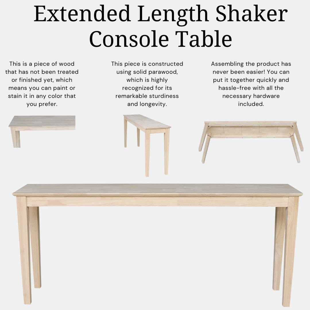 International Concepts Shaker Console Sofa Table, Entryway, 72-Inch Long, Solid Parawood, Unfinished