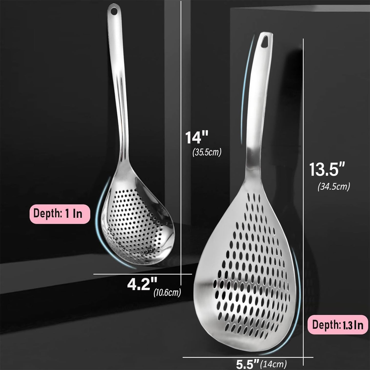 KAYCROWN Skimmer Slotted Spoon, 2 Pack Stainless Steel Pasta Spider Strainer Skimmer Ladle Spoon for Frying and Cooking, Frying Strainer, Kitchen Cooking Colander
