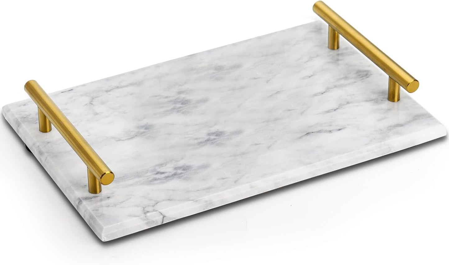 12" DEAYOU Decorative Tray with Gold Handles, Natural Marble Stone Tray, Nightstand Serving Tray with Metal Handle