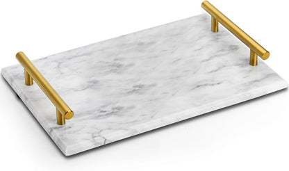 12" DEAYOU Decorative Tray with Gold Handles, Natural Marble Stone Tray, Nightstand Serving Tray with Metal Handle