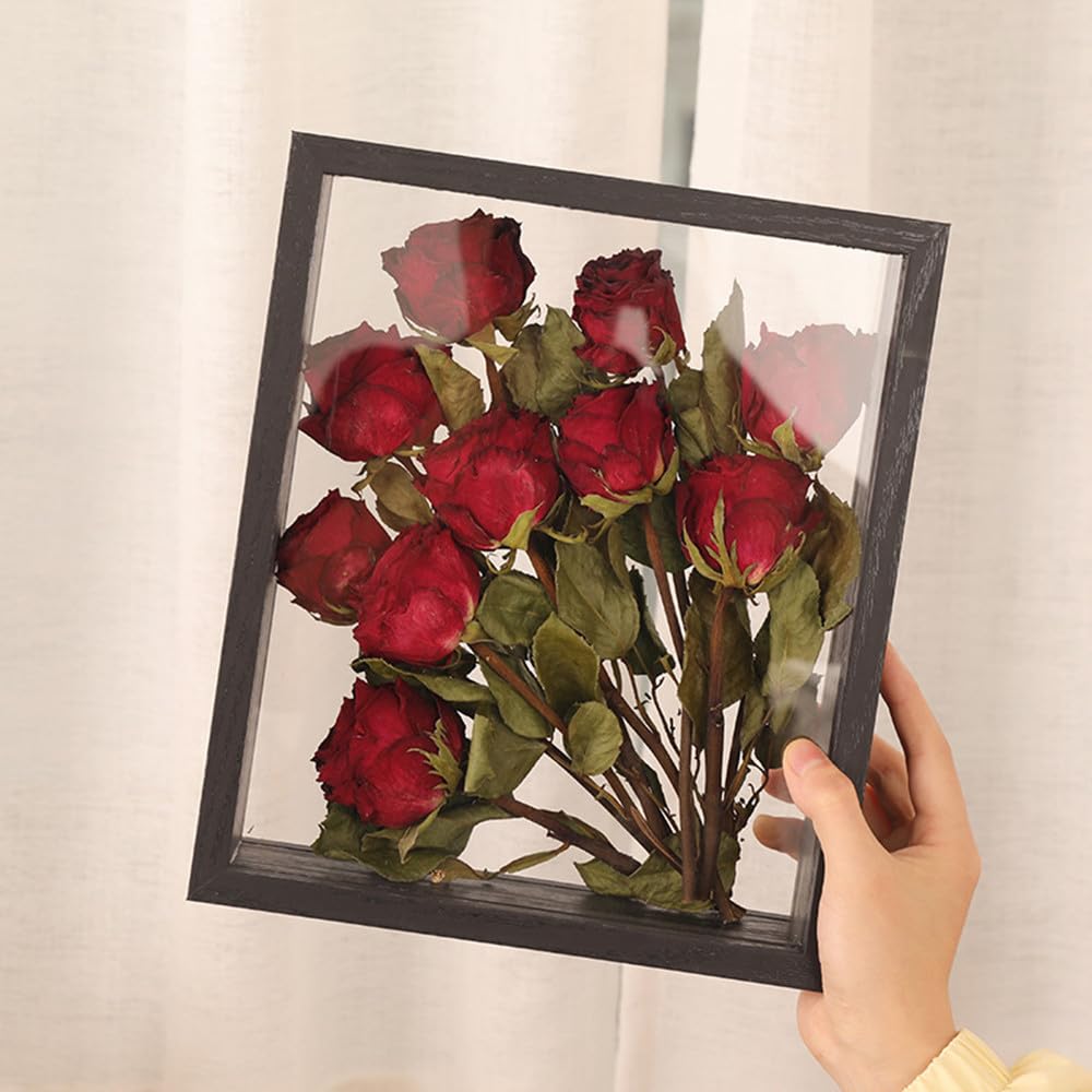 XIYUAN Wooden Dried Flower Display Stand - Decorative Floating Photo Frame - Clear Double-sided - Desktop Souvenir - Herbarium Photo Frame (8x10''/Black)