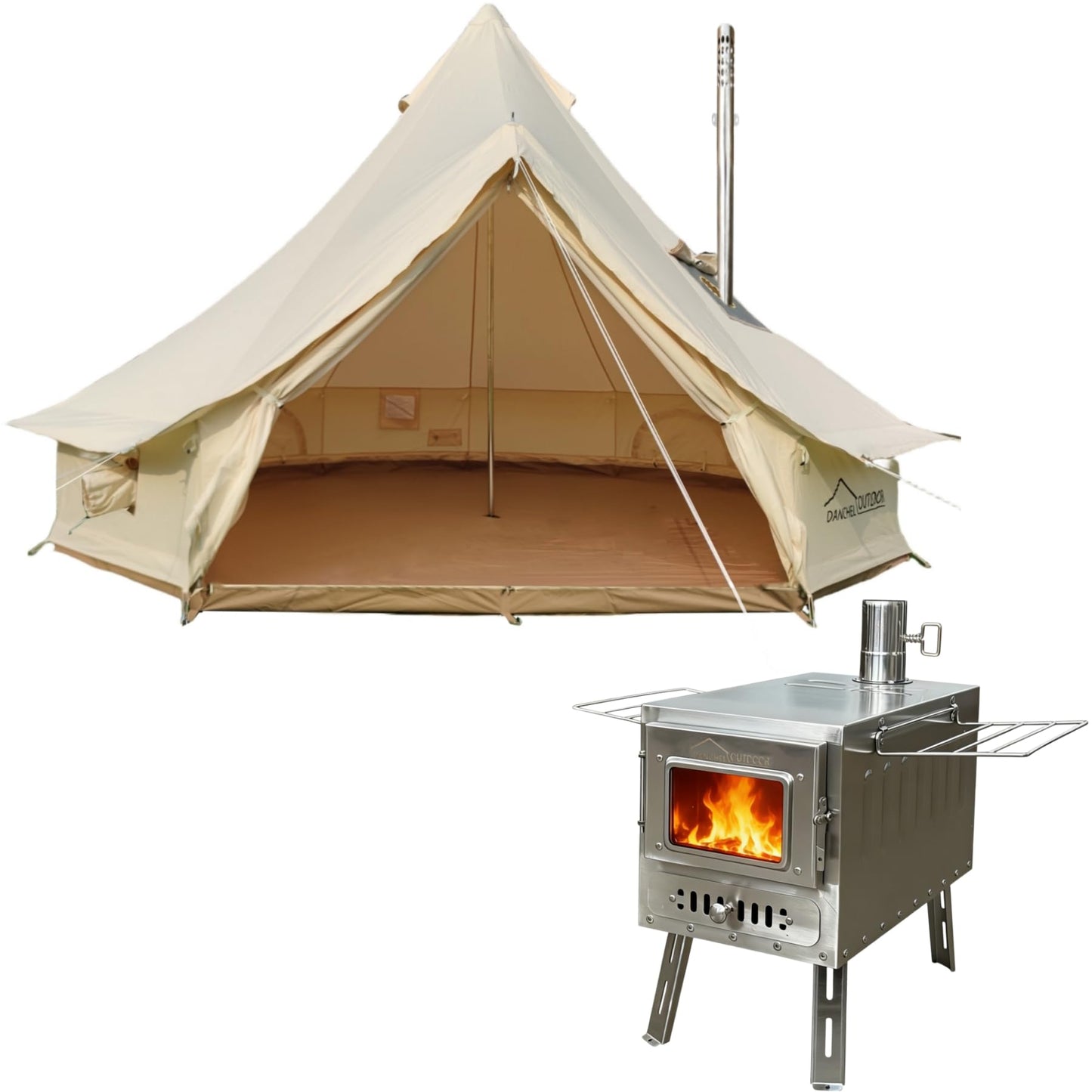 DANCHEL OUTDOOR 4 Season Canvas Yurt Tent with Large Wood Stove, Heavy Duty Bell Tent with Stove Jack 8 Person Winter Camping Glamping, 6m/20ft