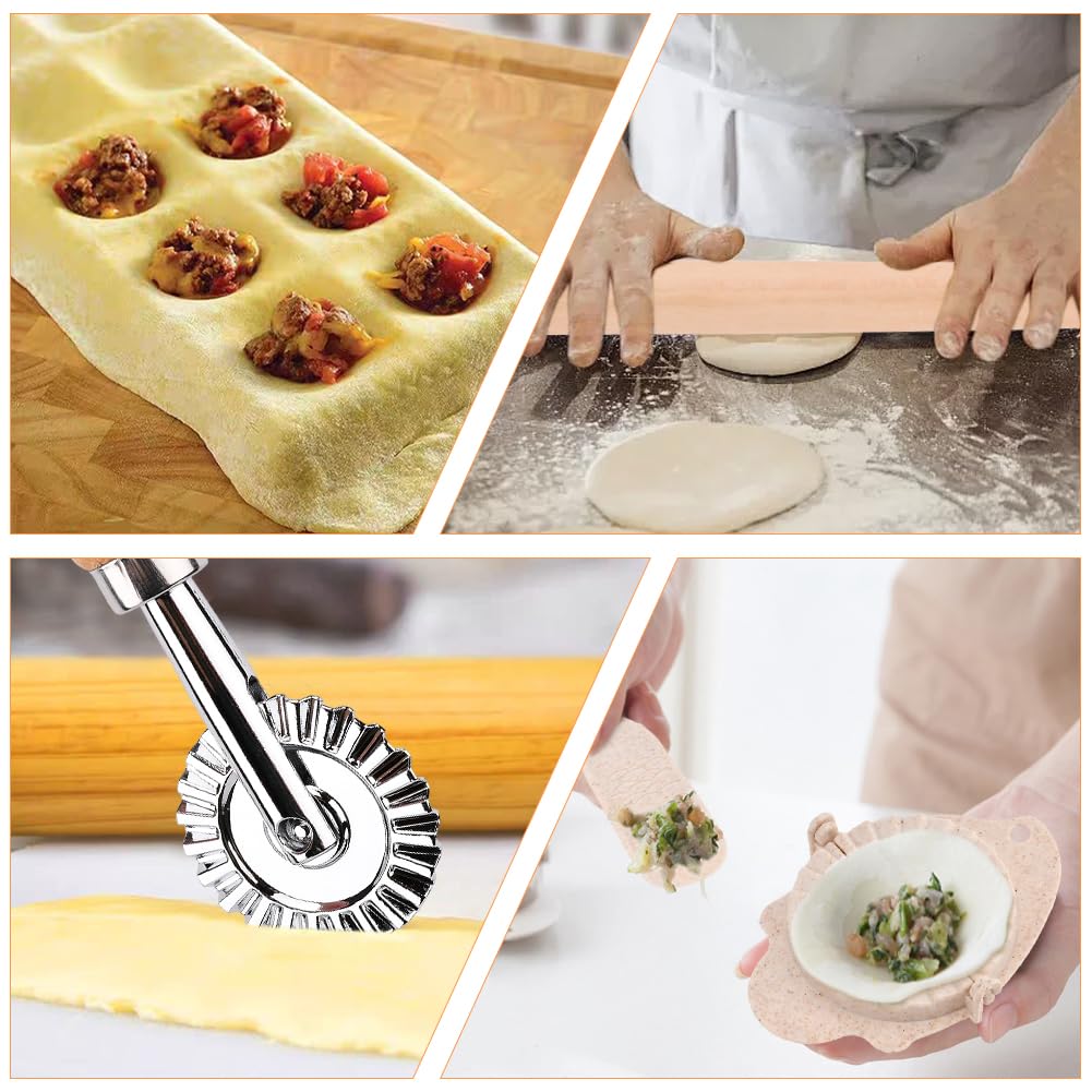 5 Pieces Ravioli Mold Set,Includes 12 Holes Ravioli Maker Press, Wood Rolling Pin,Dumpling Press Mold, Filling Spoon,Ravioli Cutter,for Ravioli Press Mold Pasta Making Tools