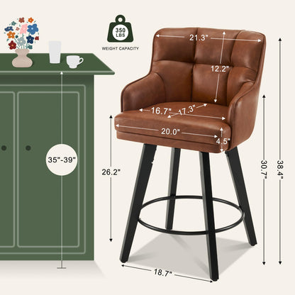 SAECKBERG 360°Swivel Counter Height Bar Stools with Back, 26 inch Solid Wood Legs, Bar Stool Modern Kitchen Island Chairs, Faux Leather (Brown- Faux Leather, 26" H- Set of 2)