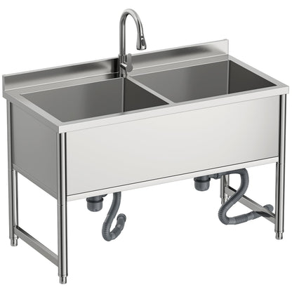 47" Stainless Steel Commercial Sink 2 Bowl Freestanding Kitchen Sink with Pull-out Faucet, Large Utility Sink for Kitchen, Dishwashing, Thawing, Laundry Room, Garage, Outdoor, Total Capacity 50 Gallon