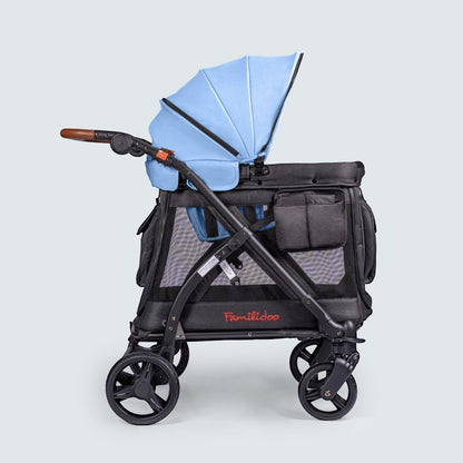 Familidoo Multi-Use Wagon Chariot Stroller, Stable, Removable Seat, Removable Bassinet, Zipable Front and Rear Doors, Mesh Side Panels for Ventilation (Blue)