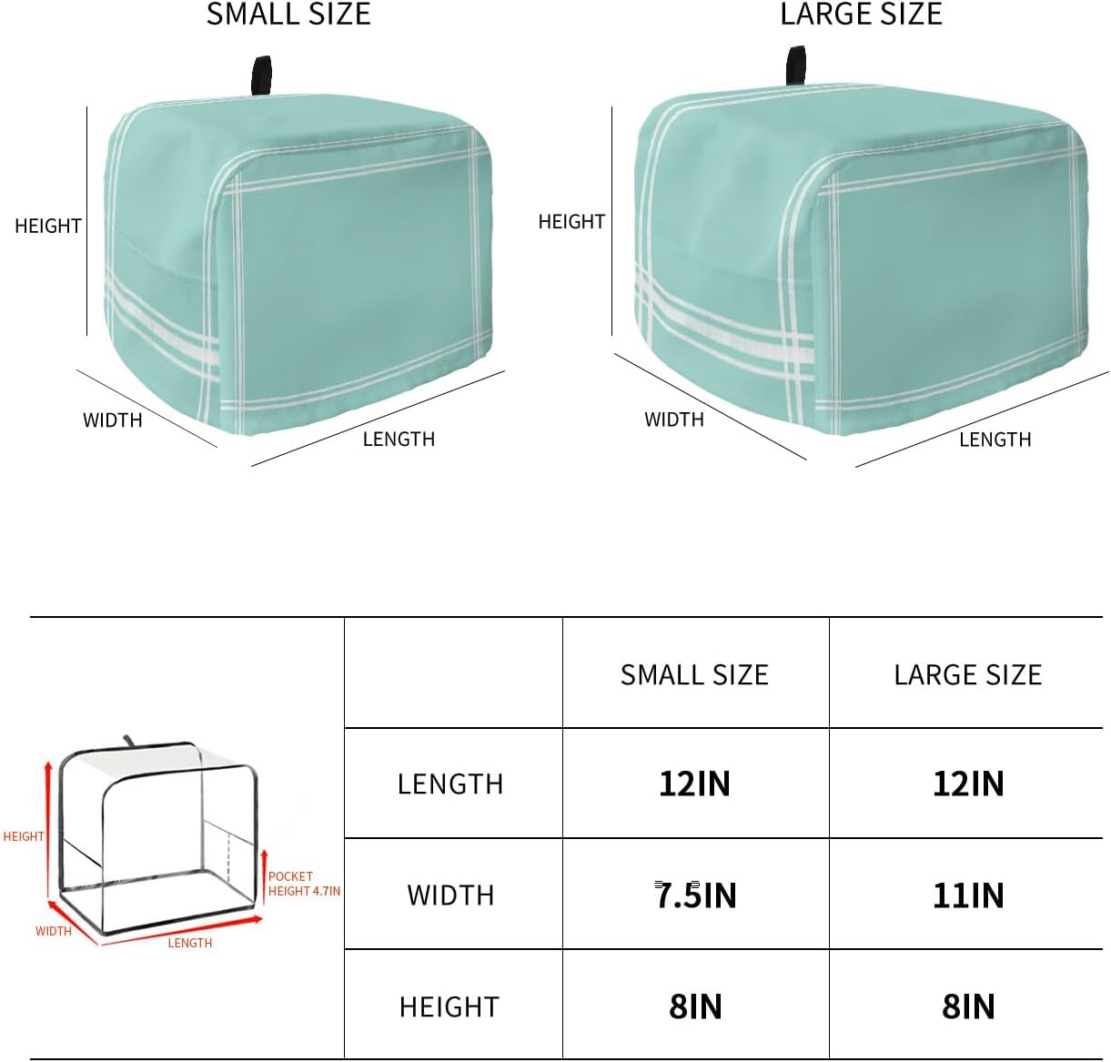 2 Slice Toaster Cover, Solid Teal Color Dustproof Bakeware Protector with Pockets for Small Kitchen Appliances