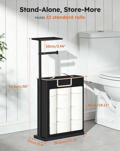 Skiennix 30" H Toilet Paper Holder Stand - Rustproof Free Standing Organizer with Shelf & Basket, Black