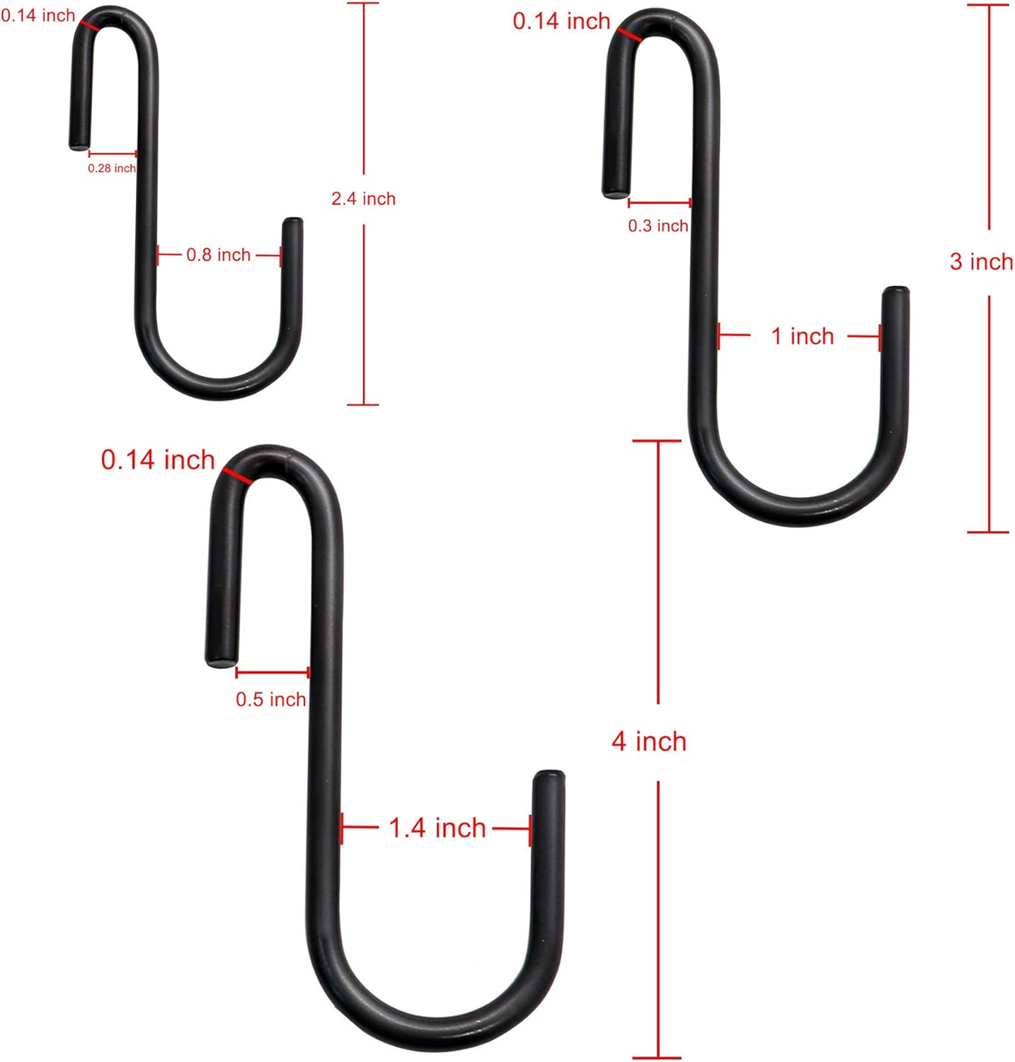 YourGift Heavy Duty S Hooks, S Shaped Hooks for Kitchen, Bathroom, Bedroom, Office, 24 pcs/Black, Various Sizes