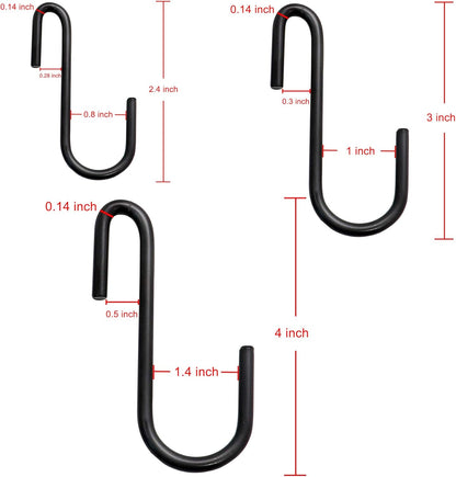 YourGift Heavy Duty S Hooks, S Shaped Hooks for Kitchen, Bathroom, Bedroom, Office, 24 pcs/Black, Various Sizes