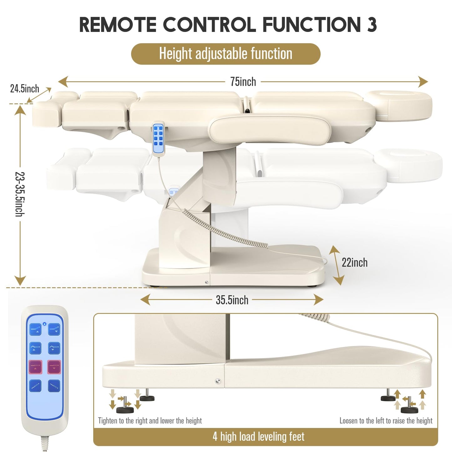 4 Motor Electric Chair/Bed, Aluminum Hydraulic System for Medical Treatment Exam, Facial, Spa, Eyelash, Tattoo, Podiatry Treatment Beauty Massage, Hand Remote Controlled Adjustable - Beige Gray