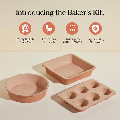 Our Place Wonder Oven Baker’s Kit | 3-Piece Toxin-Free Ceramic Nonstick Bakeware Set - Oven-Safe Up to 450°F (8” Round, 8” Square, 6-Cup Muffin Pan) - Spice